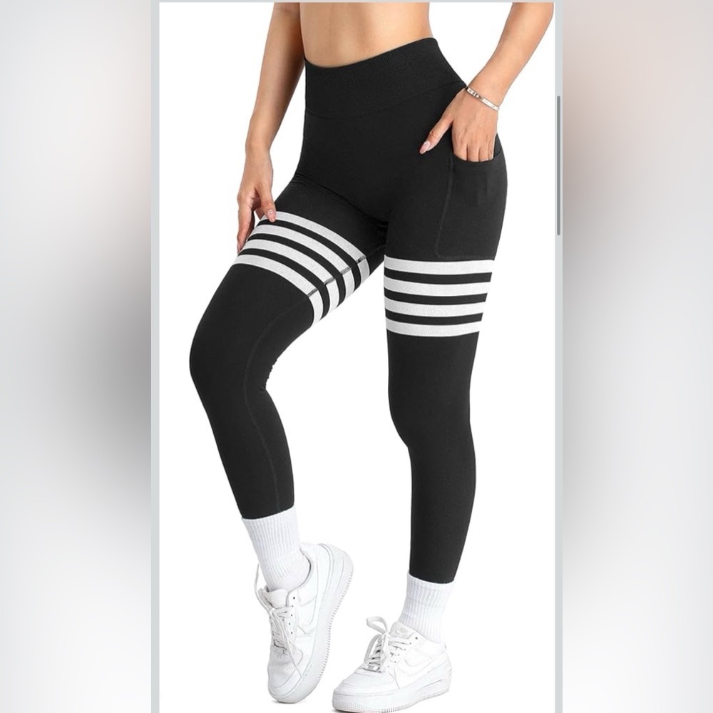 NWOT High-Waist Black Leggings with White Stripes and Side